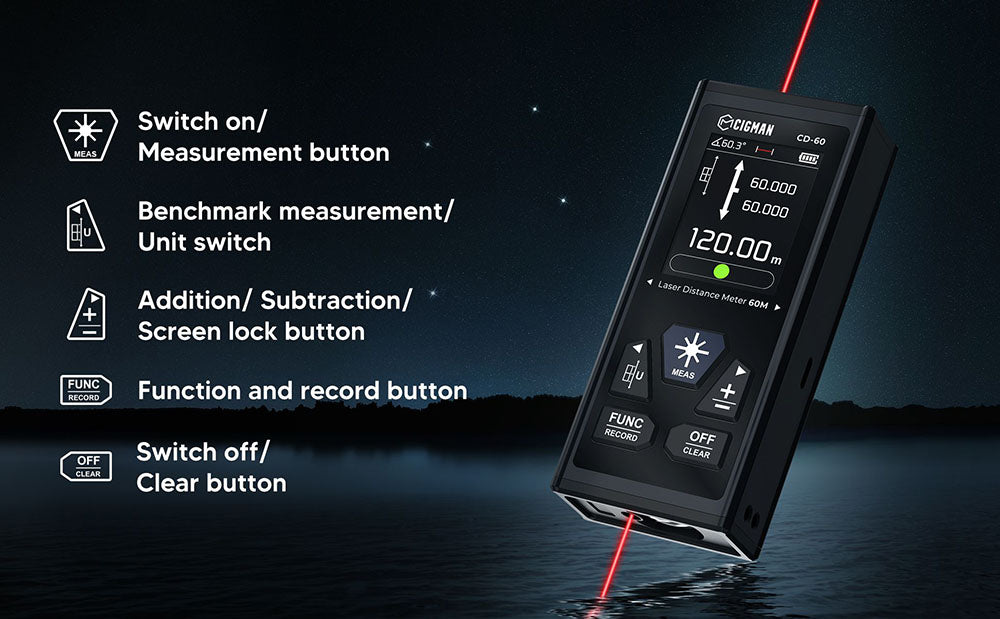 CIGMAN CD-60 Bilaterální laserový dálkoměr, 393 stop/120 m bilaterální měření, s více jednotkami m/palců/stop