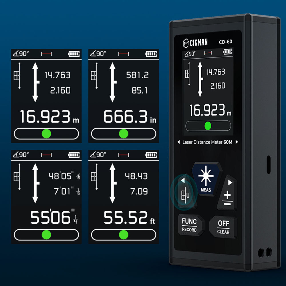 CIGMAN CD-60 Bilaterální laserový dálkoměr, 393 stop/120 m bilaterální měření, s více jednotkami m/palců/stop