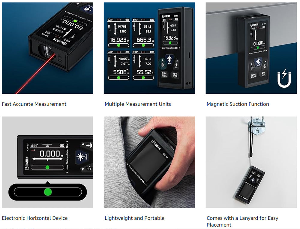 CIGMAN CD-60 Bilaterální laserový dálkoměr, 393 stop/120 m bilaterální měření, s více jednotkami m/palců/stop