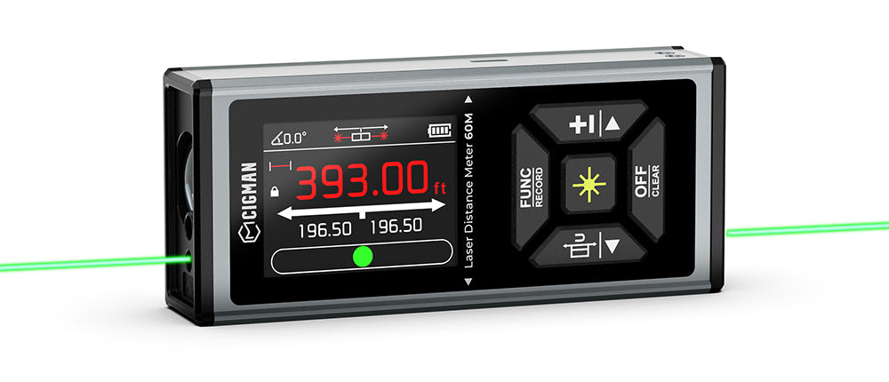 CIGMAN CD-60G Bilaterální zelený laserový měřič dojezdu 120 m, s více jednotkami ve stopách/palcích/metrech, dobíjecí baterie 850 mAh