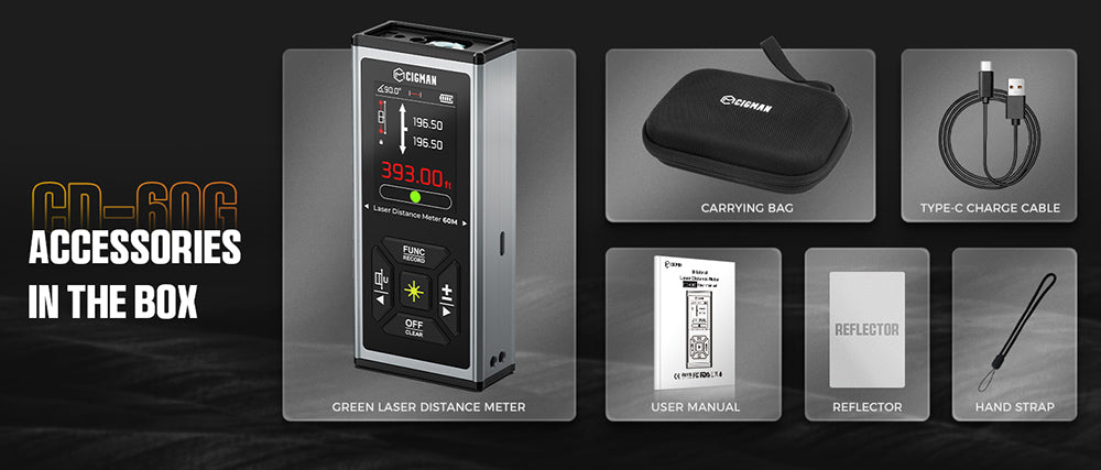 CIGMAN CD-60G Bilaterální zelený laserový měřič dojezdu 120 m, s více jednotkami ve stopách/palcích/metrech, dobíjecí baterie 850 mAh