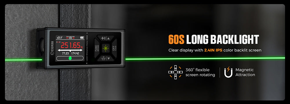 CIGMAN CD-60G Bilaterální zelený laserový měřič dojezdu 120 m, s více jednotkami ve stopách/palcích/metrech, dobíjecí baterie 850 mAh