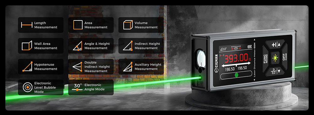 CIGMAN CD-60G Bilaterální zelený laserový měřič dojezdu 120 m, s více jednotkami ve stopách/palcích/metrech, dobíjecí baterie 850 mAh
