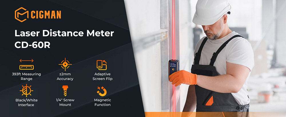 CIGMAN CD-60R 393Ft/120M Bilaterální červený laserový měřič, LCD displej, s 6 jednotkami Ft/in/M, úhlovým senzorem, režimem vícenásobného měření, magnetickým zadním krytem