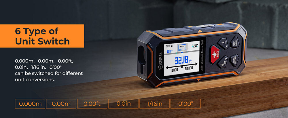 CIGMAN CD-60R 393Ft/120M Bilaterální červený laserový měřič, LCD displej, s 6 jednotkami Ft/in/M, úhlovým senzorem, režimem vícenásobného měření, magnetickým zadním krytem