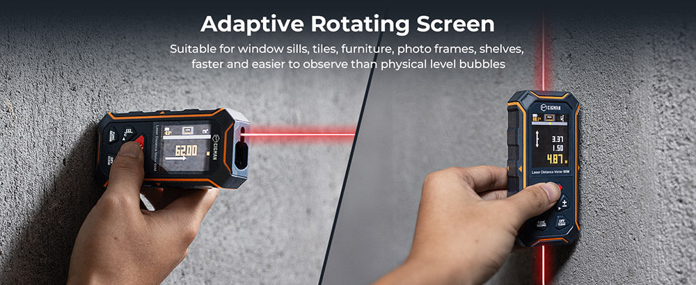 CIGMAN CD-60R 393Ft/120M Bilaterální červený laserový měřič, LCD displej, s 6 jednotkami Ft/in/M, úhlovým senzorem, režimem vícenásobného měření, magnetickým zadním krytem