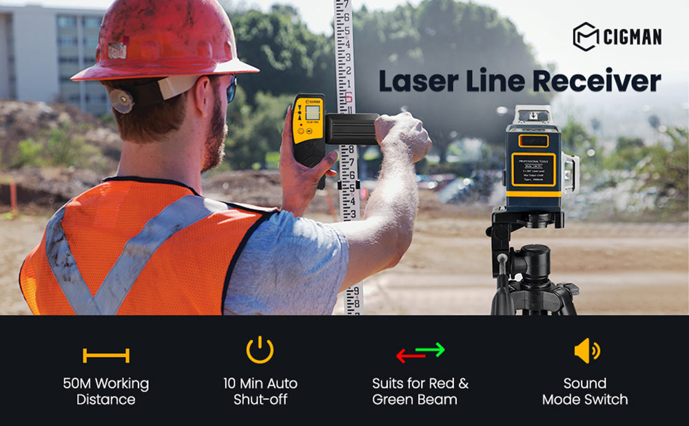 Laserový přijímač CIGMAN CLD-100, 3 boční kontrolky, pracovní dosah 50 m/164 stop, automatické vypnutí po 10 minutách, vhodný pro červený a zelený paprsek, nastavitelný bzučák, s lamelovou svorkou a 9V baterií