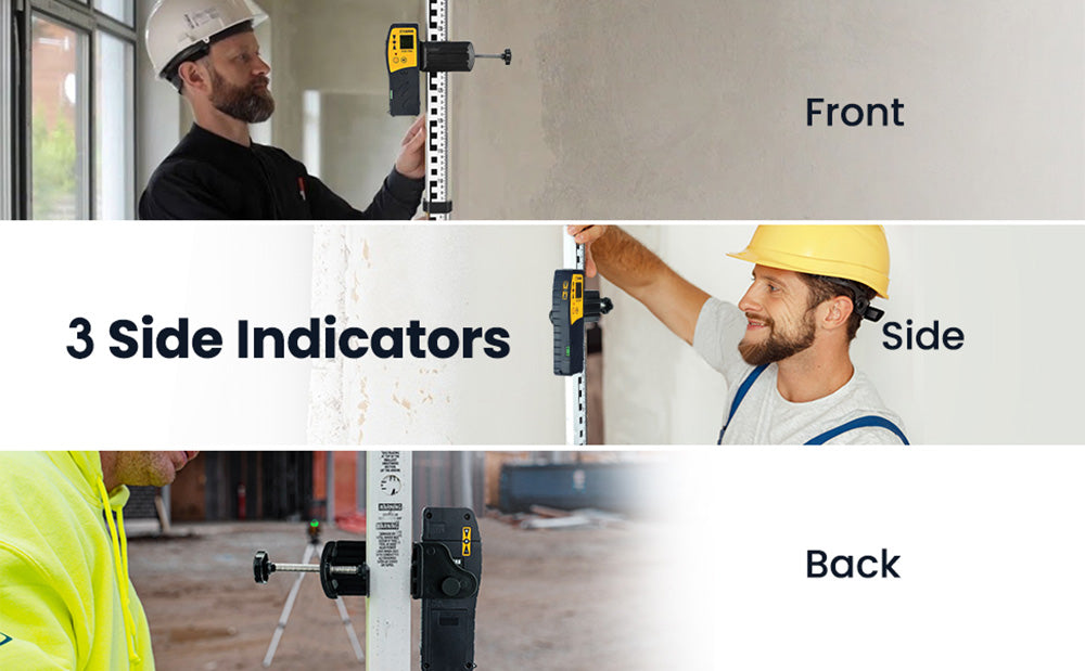Laserový přijímač CIGMAN CLD-100, 3 boční kontrolky, pracovní dosah 50 m/164 stop, automatické vypnutí po 10 minutách, vhodný pro červený a zelený paprsek, nastavitelný bzučák, s lamelovou svorkou a 9V baterií