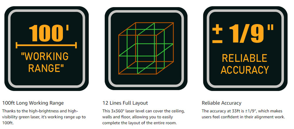 CIGMAN CM-701 3x360° samonivelační laserová vodováha, 3D zelený kříž, 30 m, dobíjecí baterie, dálkové ovládání