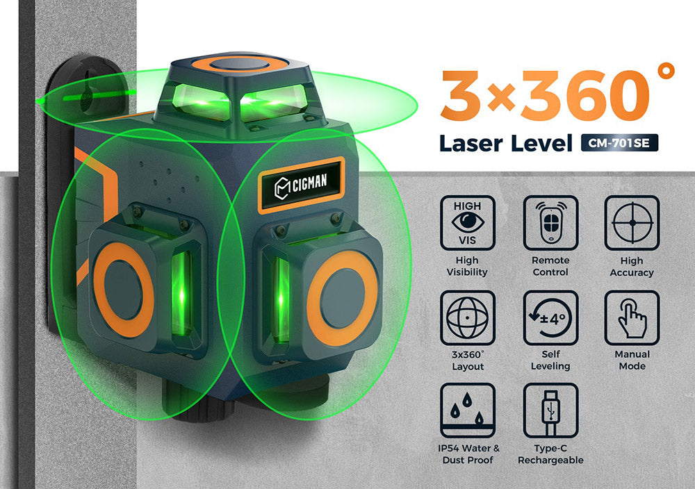 CIGMAN CM-701SE 3x360° laserová vodováha s 12 řádky, samonivelační, 3D zelený kříž, s dálkovým ovladačem a magnetickým držákem ve tvaru L, pracovní dosah až 50 m, odolnost proti vodě a prachu IP54