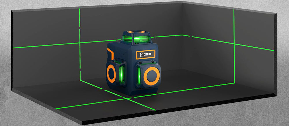 CIGMAN CM-701SE 3x360° laserová vodováha s 12 řádky, samonivelační, 3D zelený kříž, s dálkovým ovladačem a magnetickým držákem ve tvaru L, pracovní dosah až 50 m, odolnost proti vodě a prachu IP54