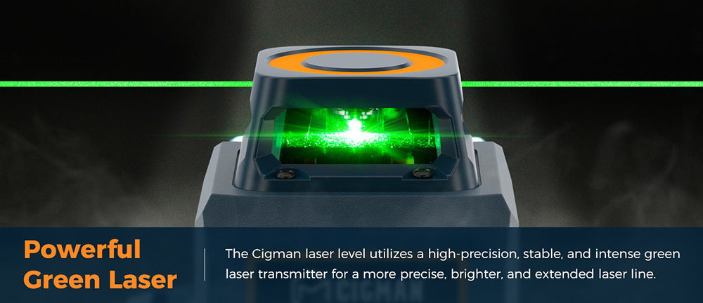 CIGMAN CM-701SE 3x360° laserová vodováha s 12 řádky, samonivelační, 3D zelený kříž, s dálkovým ovladačem a magnetickým držákem ve tvaru L, pracovní dosah až 50 m, odolnost proti vodě a prachu IP54