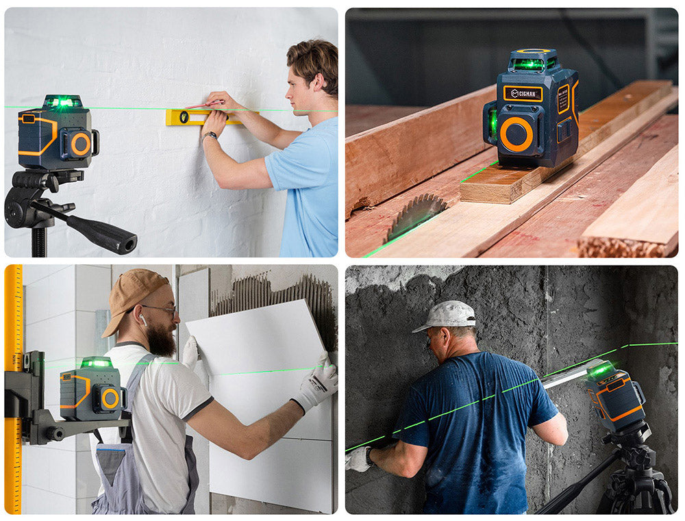CIGMAN CM-701SE 3x360° laserová vodováha s 12 řádky, samonivelační, 3D zelený kříž, s dálkovým ovladačem a magnetickým držákem ve tvaru L, pracovní dosah až 50 m, odolnost proti vodě a prachu IP54