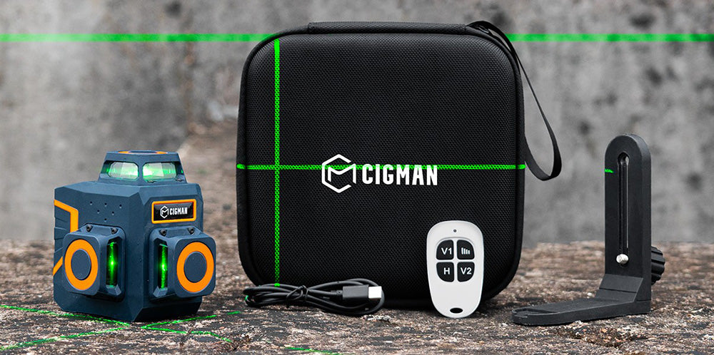 CIGMAN CM-701SE 3x360° laserová vodováha s 12 řádky, samonivelační, 3D zelený kříž, s dálkovým ovladačem a magnetickým držákem ve tvaru L, pracovní dosah až 50 m, odolnost proti vodě a prachu IP54
