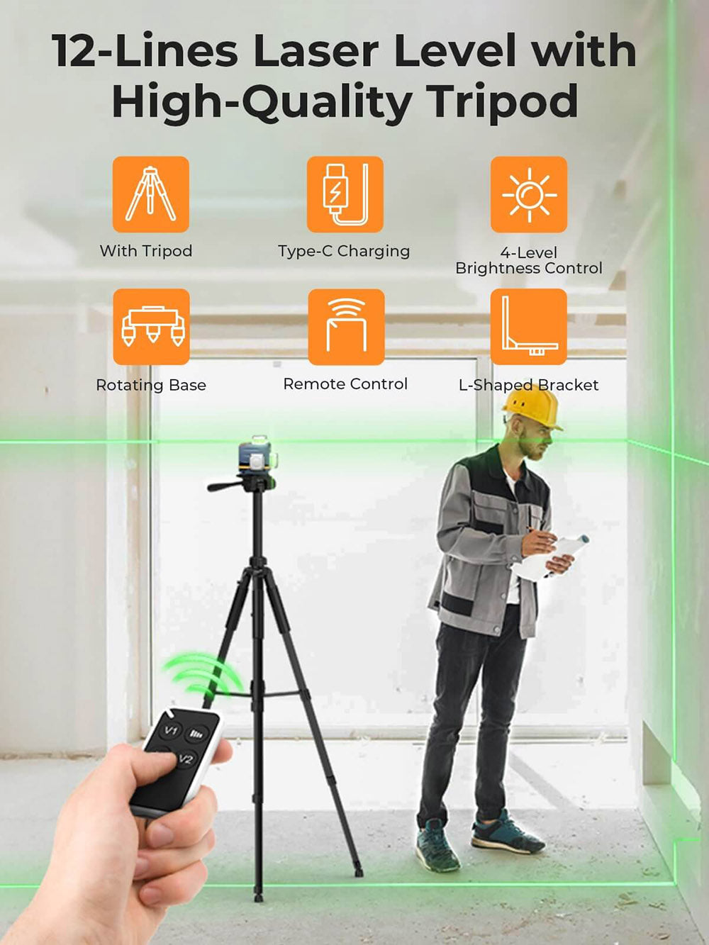 CIGMAN CM-701T 3x360° laserový nivelační přístroj se stativem 1,5 m, dálkovým ovládáním, samonivelací, baterií 4000 mAh