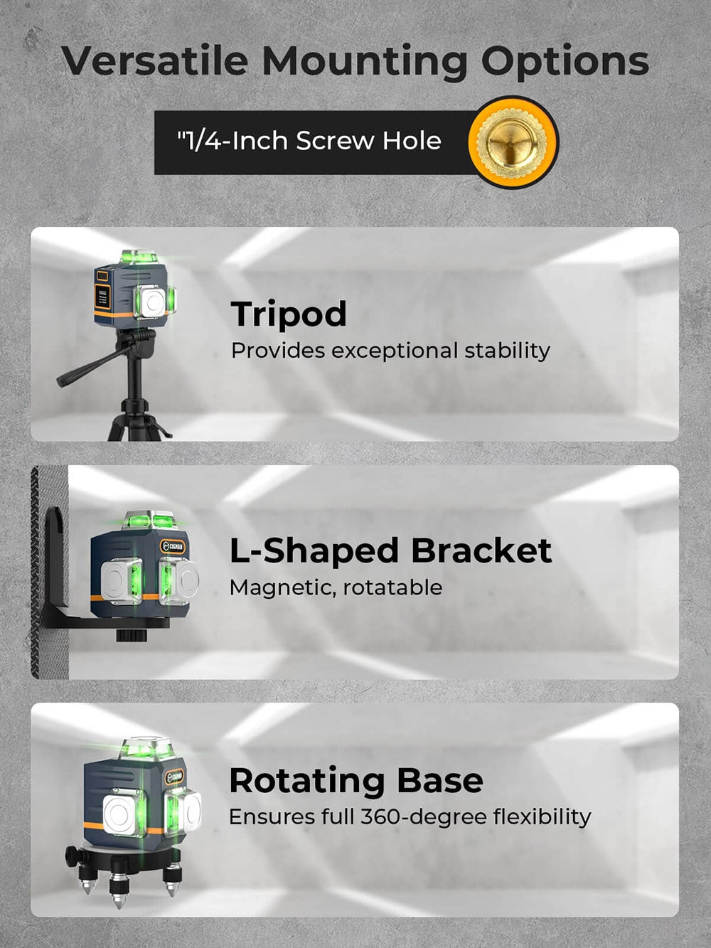 CIGMAN CM-701T 3x360° laserový nivelační přístroj se stativem 1,5 m, dálkovým ovládáním, samonivelací, baterií 4000 mAh