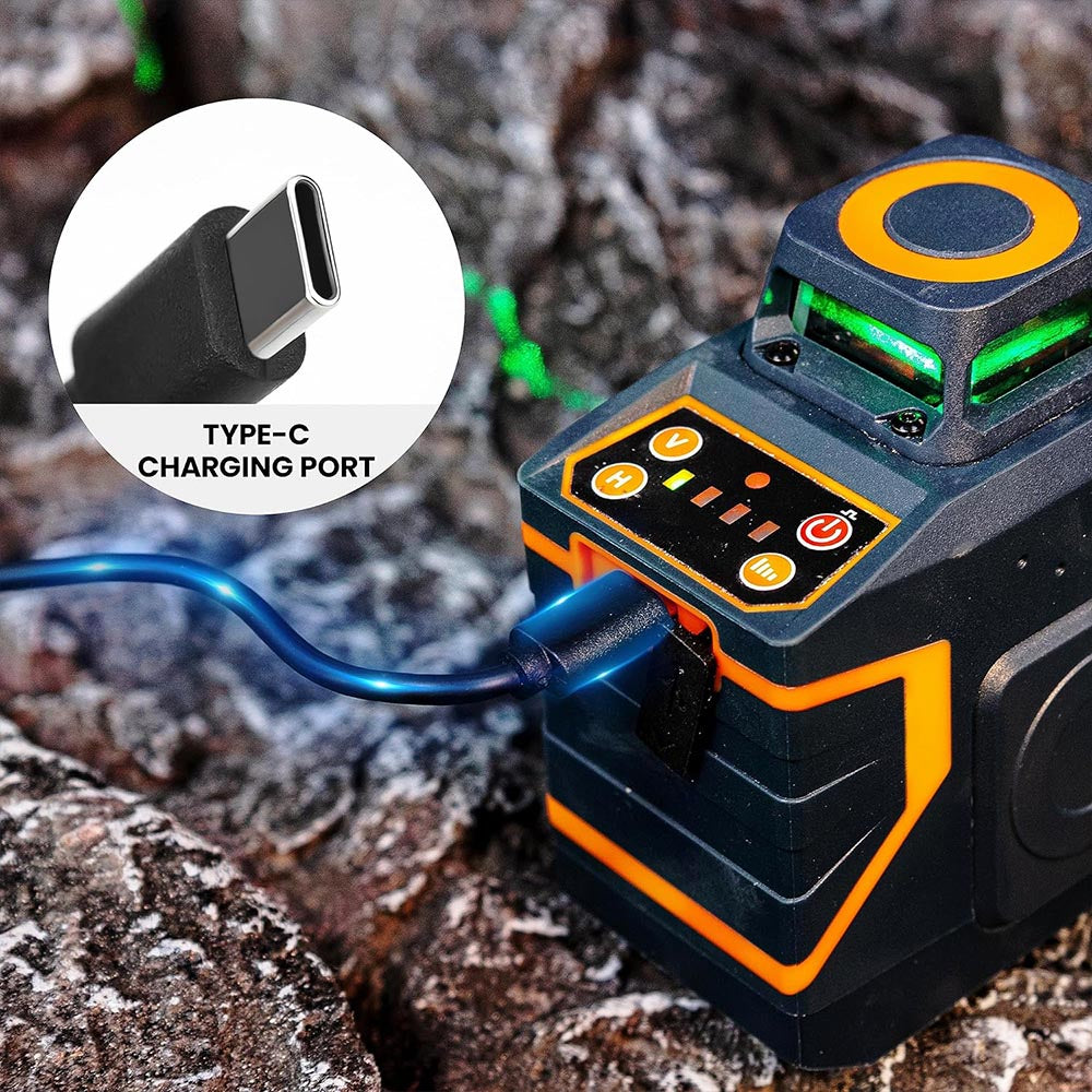 CIGMAN CM-720SE 2x360° laserová vodováha s 8 řádky, zelený kříž, samonivelační, ochrana proti kapající vodě a prachu IP54, s dobíjecím konektorem typu C, magnetická základna ve tvaru L