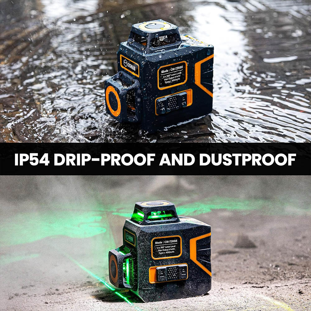 CIGMAN CM-720SE 2x360° laserová vodováha s 8 řádky, zelený kříž, samonivelační, ochrana proti kapající vodě a prachu IP54, s dobíjecím konektorem typu C, magnetická základna ve tvaru L