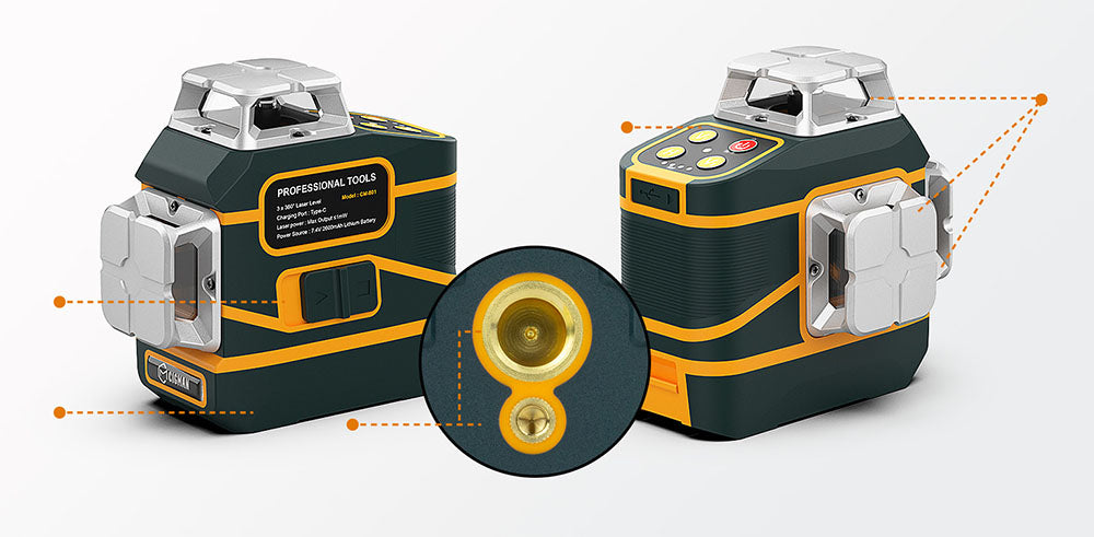 CIGMAN CM-801 3x360° samonivelační laserový nivelační systém, 3D zelený kříž, IP54, s duálními dobíjecími bateriemi, dálkovým ovladačem a magnetickým držákem ve tvaru L
