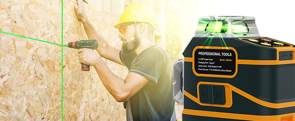 CIGMAN CM-801 3x360° samonivelační laserový nivelační systém, 3D zelený kříž, IP54, s duálními dobíjecími bateriemi, dálkovým ovladačem a magnetickým držákem ve tvaru L