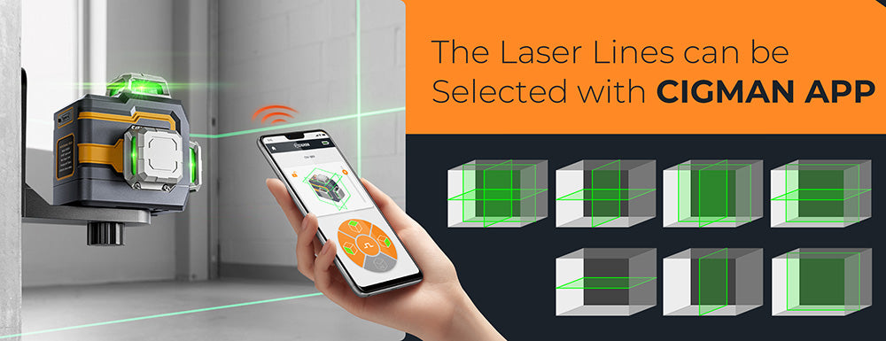 CIGMAN CM-S01 12řádkový laserový nivelační přístroj, s ovládáním přes aplikaci, 3x360°, samonivelace a manuální režim, plynulé stmívání, max. doba používání 30 hodin, vodotěsnost IP54