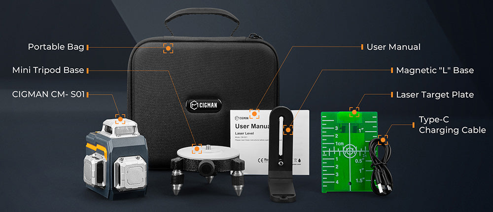 CIGMAN CM-S01 12řádkový laserový nivelační přístroj, s ovládáním přes aplikaci, 3x360°, samonivelace a manuální režim, plynulé stmívání, max. doba používání 30 hodin, vodotěsnost IP54