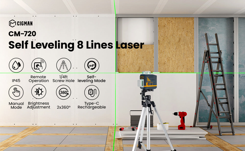 CIGMAN CM720 2 x 360° 8-řádkový laserový nivelační přístroj, zelený kříž, samonivelační, s dálkovým ovladačem, dobíjecí konektor typu C, magnetický otočný stojan, krytí IP45, odolný proti vodě a prachu, pracovní dosah 30 m