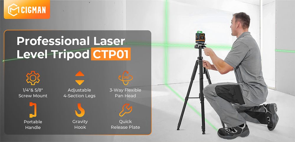 Stativ pro laserovou nivelační techniku ​​CIGMAN CTP01 1,5 m/59 palců, s otočnou hlavou ve 3 směrech a držákem telefonu, rychloupínací destičkou s 1/4" závitem