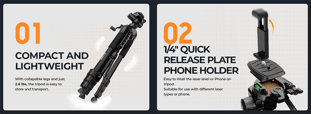 Stativ pro laserovou nivelační techniku ​​CIGMAN CTP01 1,5 m/59 palců, s otočnou hlavou ve 3 směrech a držákem telefonu, rychloupínací destičkou s 1/4" závitem