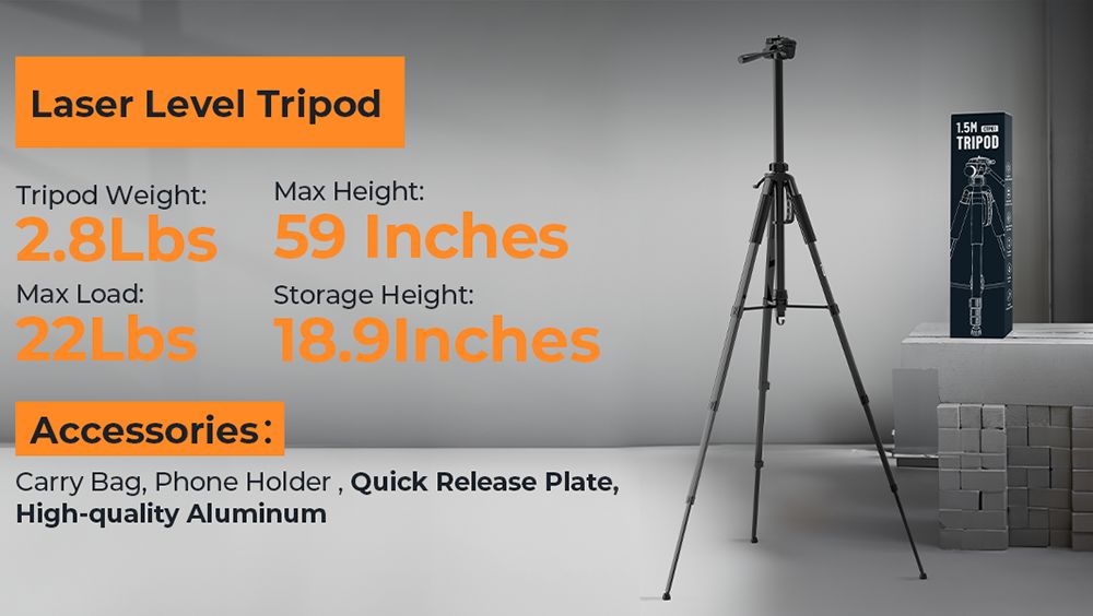 Stativ pro laserovou nivelační techniku ​​CIGMAN CTP01 1,5 m/59 palců, s otočnou hlavou ve 3 směrech a držákem telefonu, rychloupínací destičkou s 1/4" závitem