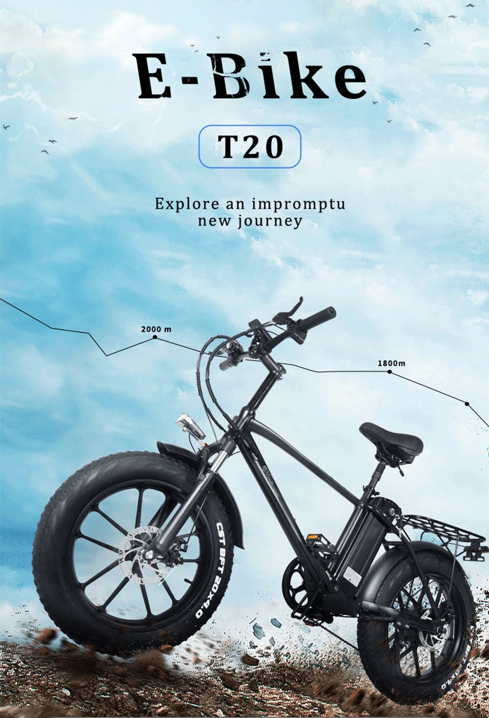 Elektrické kolo CMACEWHEEL T20, 20*4,0 palce, pneumatiky CST, motor 750 W, maximální rychlost 40–45 km/h, baterie 17 Ah – černé