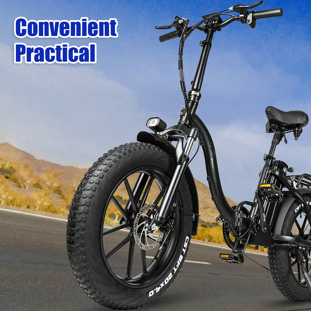 Skládací elektrokolo CMACEWHEEL Y20, motor 250 W, baterie 48 V 18 Ah, 20 x 4,0" tlusté pneumatiky CST, maximální rychlost 25 km/h, dojezd 70–90 km, přední a zadní kotoučová brzda, vodotěsnost IP65 – černá