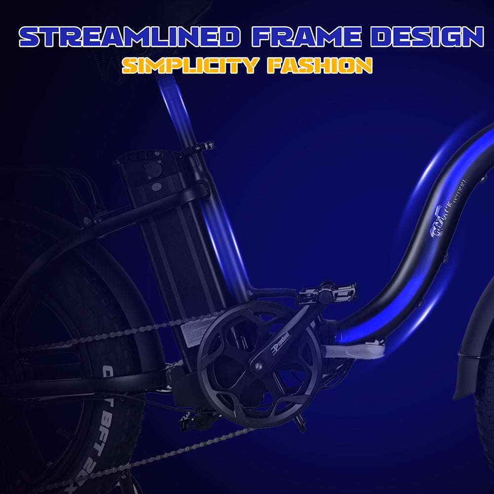 Skládací elektrokolo CMACEWHEEL Y20, motor 250 W, baterie 48 V 18 Ah, 20 x 4,0" tlusté pneumatiky CST, maximální rychlost 25 km/h, dojezd 70–90 km, přední a zadní kotoučová brzda, vodotěsnost IP65 – černá