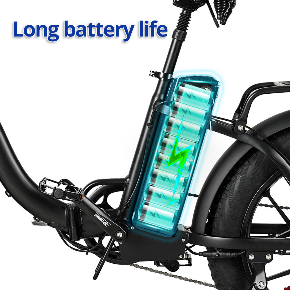 Skládací elektrokolo CMACEWHEEL Y20, motor 250 W, baterie 48 V 18 Ah, 20 x 4,0" tlusté pneumatiky CST, maximální rychlost 25 km/h, dojezd 70–90 km, přední a zadní kotoučová brzda, vodotěsnost IP65 – černá