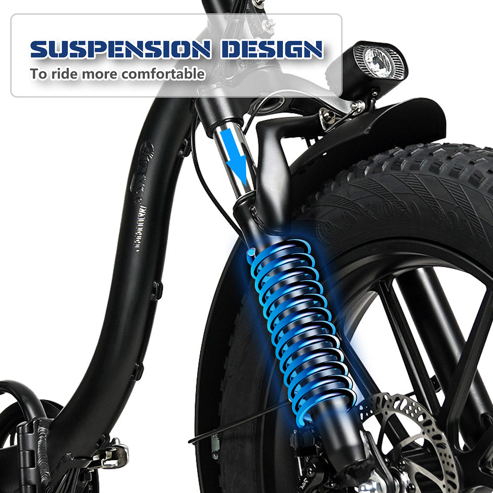 Skládací elektrokolo CMACEWHEEL Y20, motor 250 W, baterie 48 V 18 Ah, 20 x 4,0" tlusté pneumatiky CST, maximální rychlost 25 km/h, dojezd 70–90 km, přední a zadní kotoučová brzda, vodotěsnost IP65 – černá