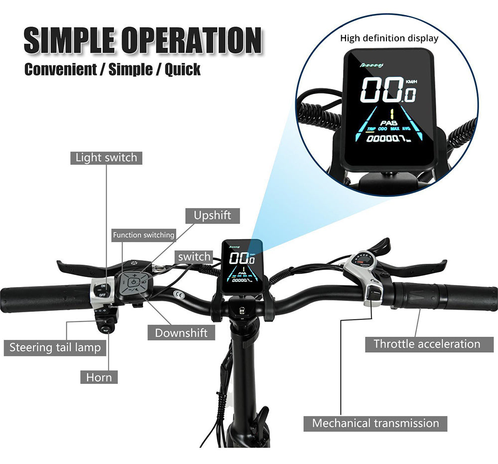 Skládací elektrokolo CMACEWHEEL Y20, motor 250 W, baterie 48 V 18 Ah, 20 x 4,0" tlusté pneumatiky CST, maximální rychlost 25 km/h, dojezd 70–90 km, přední a zadní kotoučová brzda, vodotěsnost IP65 – černá