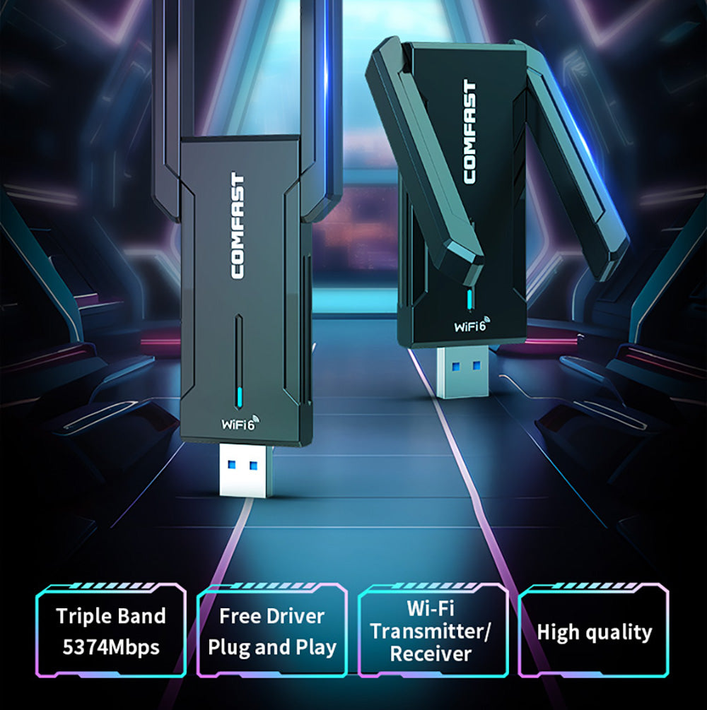 Bezdrátový herní adaptér COMFAST CF-972AX WiFi 6, třípásmový 5374 Mbps USB 3.0, ovladač zdarma, WiFi dongle, podporuje režim AP