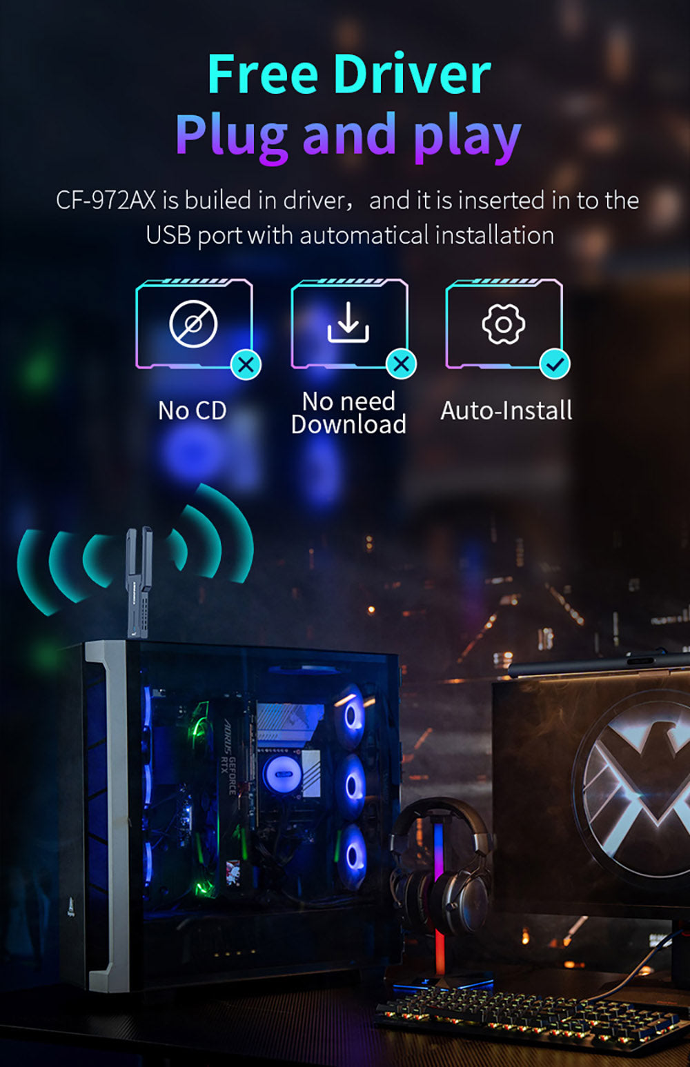 Bezdrátový herní adaptér COMFAST CF-972AX WiFi 6, třípásmový 5374 Mbps USB 3.0, ovladač zdarma, WiFi dongle, podporuje režim AP