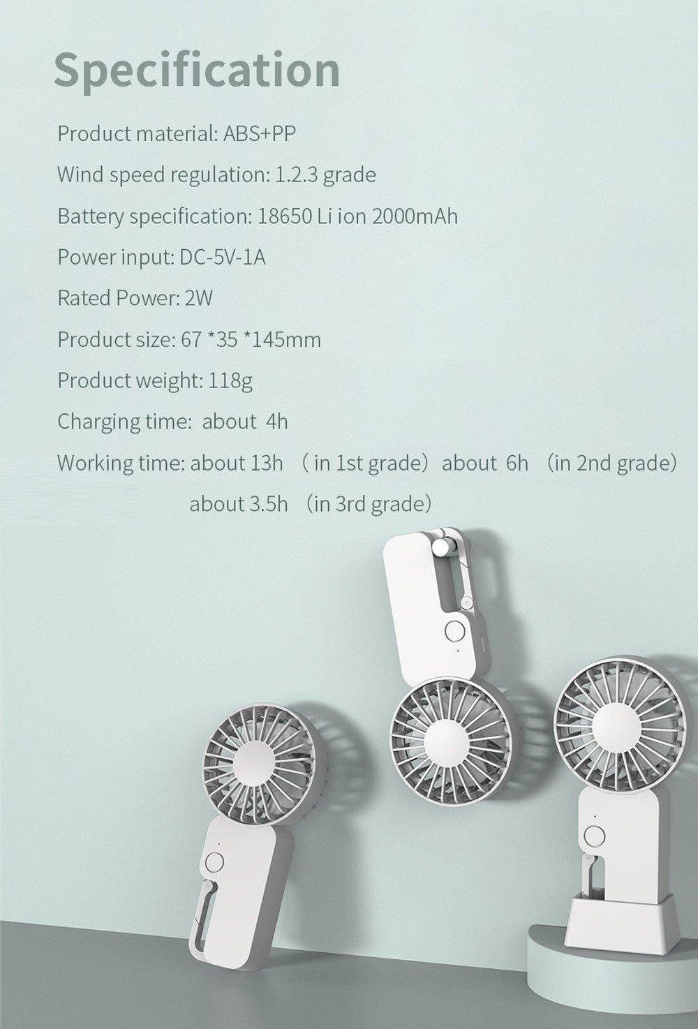 Mini ventilátor COOWOO HP1013 s přezkou na batoh, 3 rychlosti větru, baterie 2000 mAh, až 13 hodin provozu, tichý stolní ventilátor