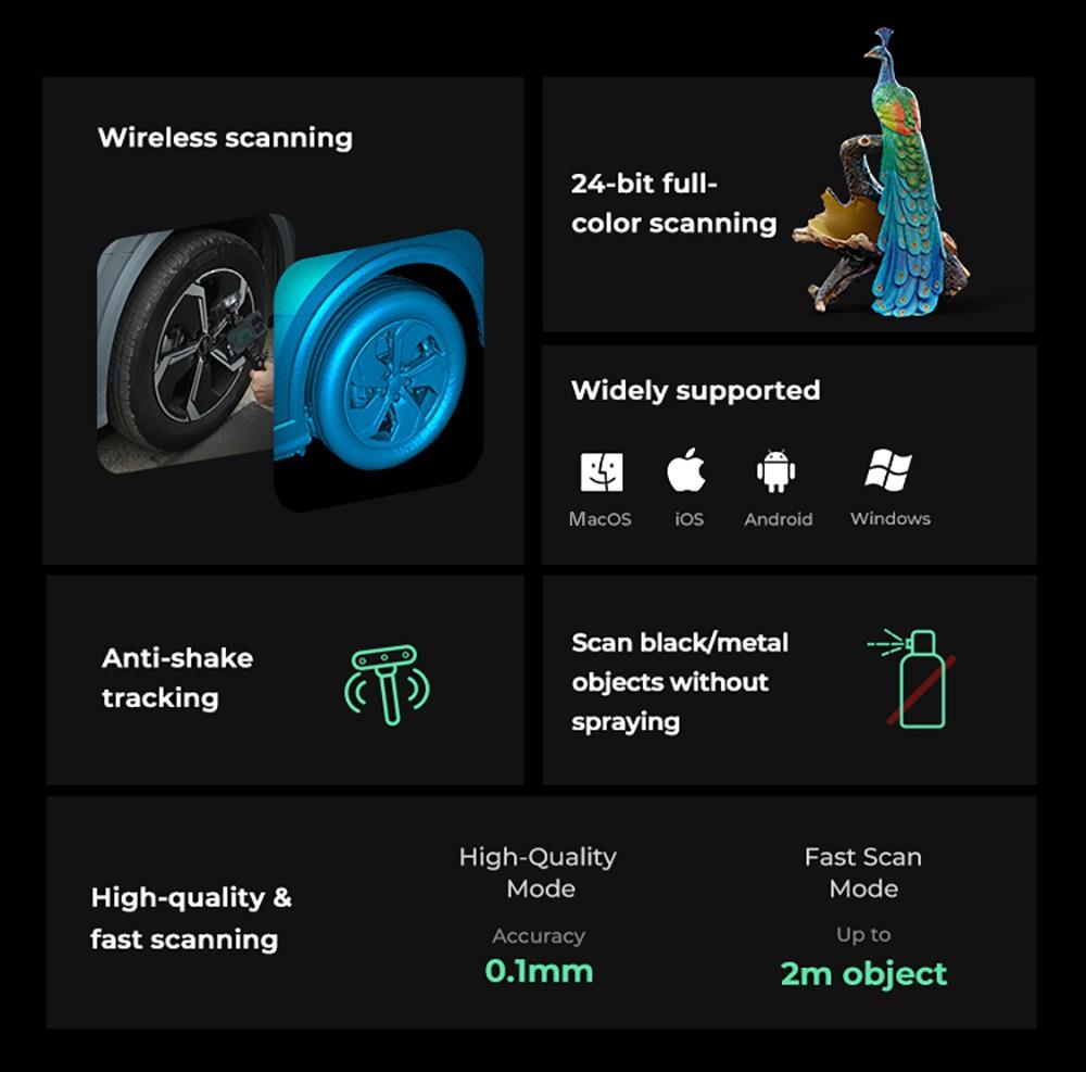 3D skener Creality CR-Scan Ferret Pro, rychlost skenování až 30 fps, přesnost 0,1 mm, pracovní vzdálenost 150–700 mm, rozsah jednoho snímání 560*820 mm, minimální skenovací vzdálenost 150x150 mm, bezdrátové připojení