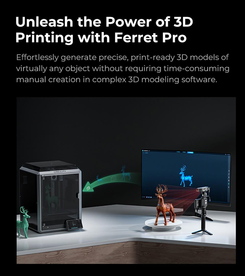 3D skener Creality CR-Scan Ferret Pro, rychlost skenování až 30 fps, přesnost 0,1 mm, pracovní vzdálenost 150–700 mm, rozsah jednoho snímání 560*820 mm, minimální skenovací vzdálenost 150x150 mm, bezdrátové připojení