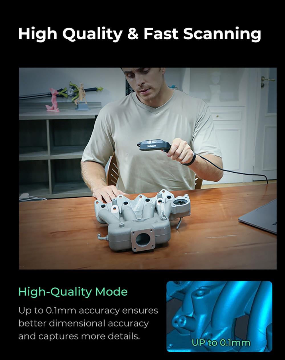 3D skener Creality CR-Scan Ferret Pro, rychlost skenování až 30 fps, přesnost 0,1 mm, pracovní vzdálenost 150–700 mm, rozsah jednoho snímání 560*820 mm, minimální skenovací vzdálenost 150x150 mm, bezdrátové připojení