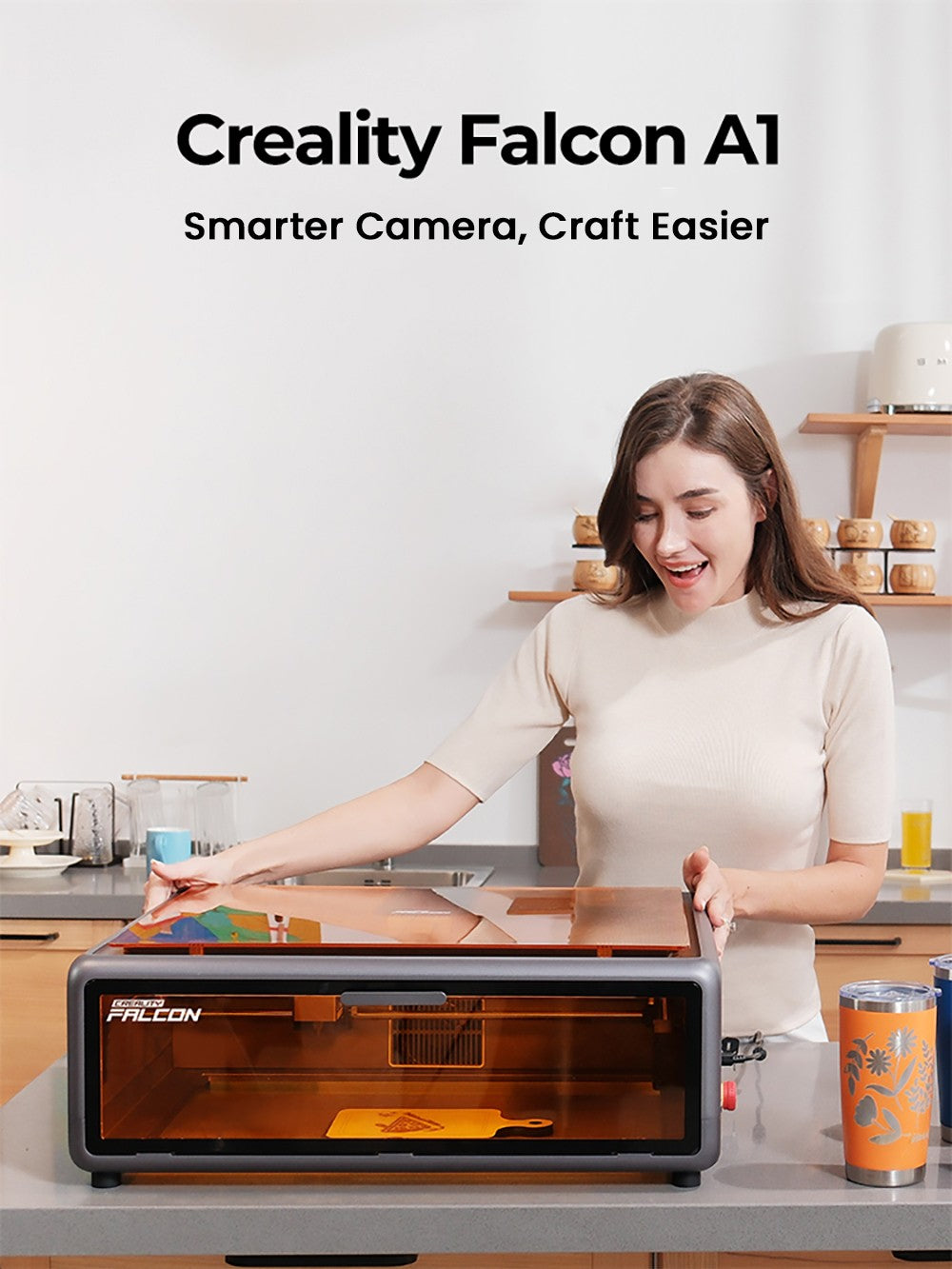 Laser Creality Falcon A1 10W FDA třídy 1, rychlé gravírování 600 mm/s, vestavěná kamera, inteligentní detekce materiálu, ochranný kryt očí, stlačené bodové vysávání 0,06 - 0,08 mm, odsávací ventilátor, 305*381 mm