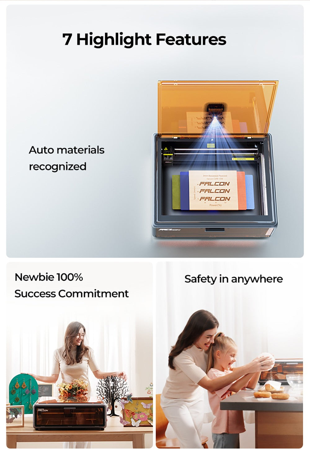 Laser Creality Falcon A1 10W FDA třídy 1, rychlé gravírování 600 mm/s, vestavěná kamera, inteligentní detekce materiálu, ochranný kryt očí, stlačené bodové vysávání 0,06 - 0,08 mm, odsávací ventilátor, 305*381 mm