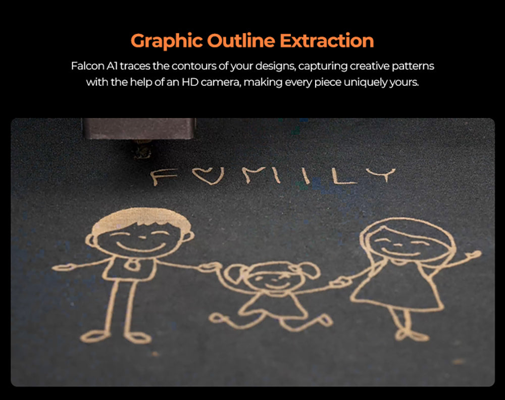 Laser Creality Falcon A1 10W FDA třídy 1, rychlé gravírování 600 mm/s, vestavěná kamera, inteligentní detekce materiálu, ochranný kryt očí, stlačené bodové vysávání 0,06 - 0,08 mm, odsávací ventilátor, 305*381 mm