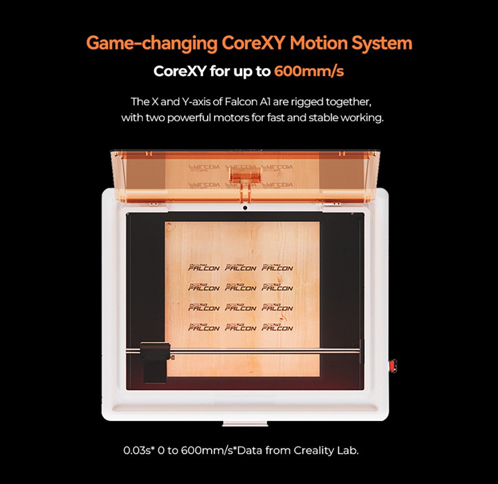 Laser Creality Falcon A1 10W FDA třídy 1, rychlé gravírování 600 mm/s, vestavěná kamera, inteligentní detekce materiálu, ochranný kryt očí, stlačené bodové vysávání 0,06 - 0,08 mm, odsávací ventilátor, 305*381 mm