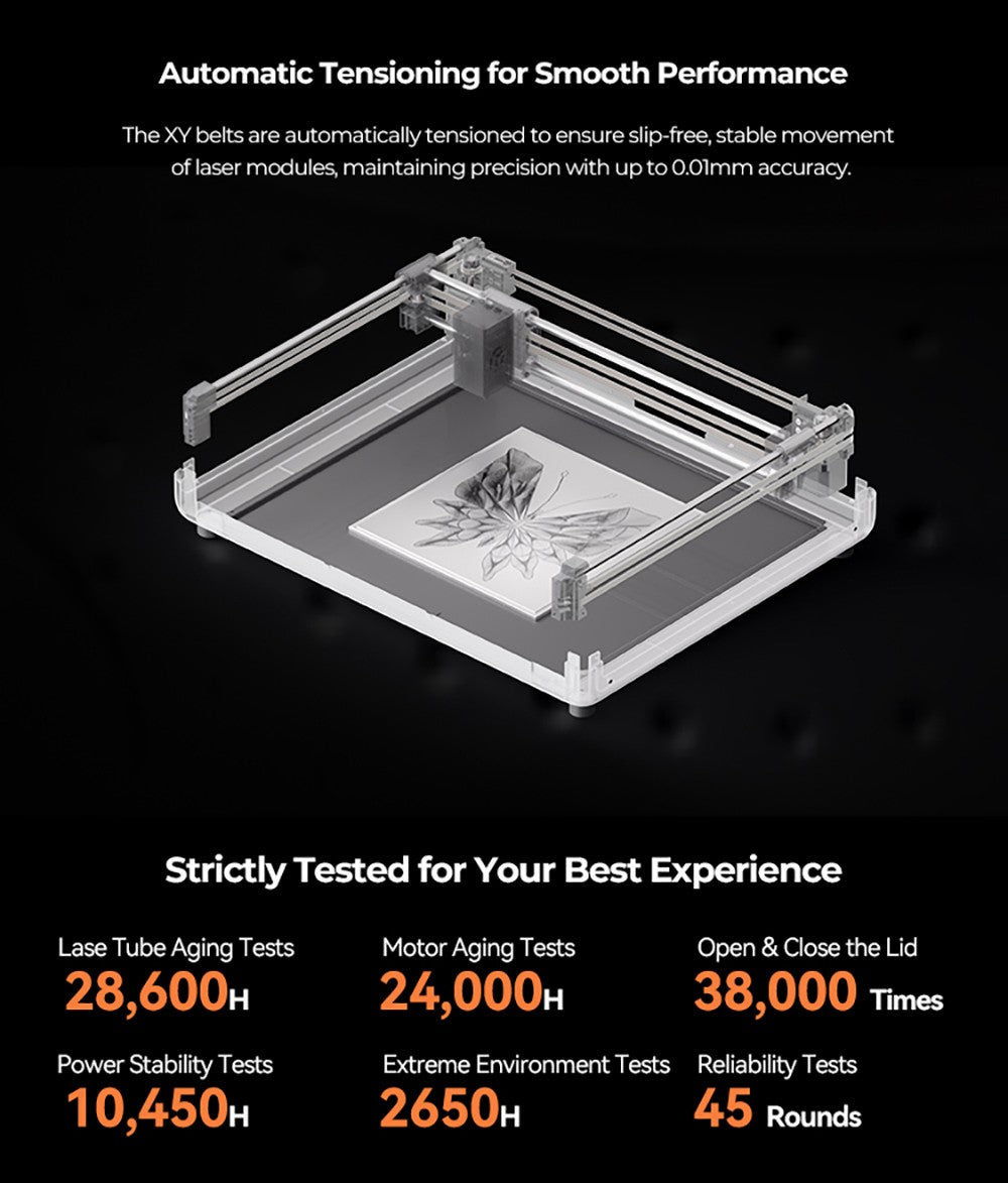 Laser Creality Falcon A1 10W FDA třídy 1, rychlé gravírování 600 mm/s, vestavěná kamera, inteligentní detekce materiálu, ochranný kryt očí, stlačené bodové vysávání 0,06 - 0,08 mm, odsávací ventilátor, 305*381 mm