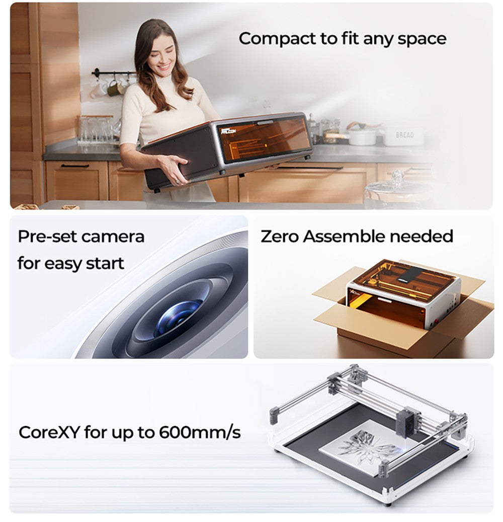 Laser Creality Falcon A1 10W FDA třídy 1, rychlé gravírování 600 mm/s, vestavěná kamera, inteligentní detekce materiálu, ochranný kryt očí, stlačené bodové vysávání 0,06 - 0,08 mm, odsávací ventilátor, 305*381 mm