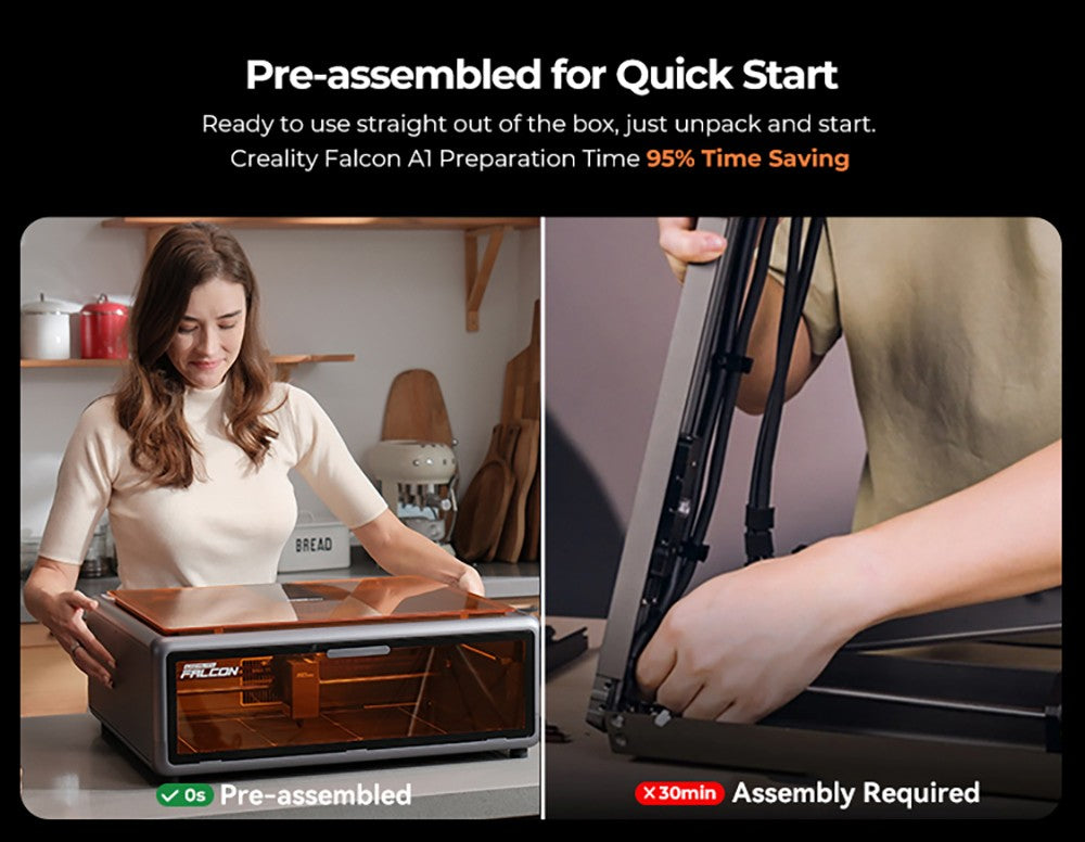 Laser Creality Falcon A1 10W FDA třídy 1, rychlé gravírování 600 mm/s, vestavěná kamera, inteligentní detekce materiálu, ochranný kryt očí, stlačené bodové vysávání 0,06 - 0,08 mm, odsávací ventilátor, 305*381 mm