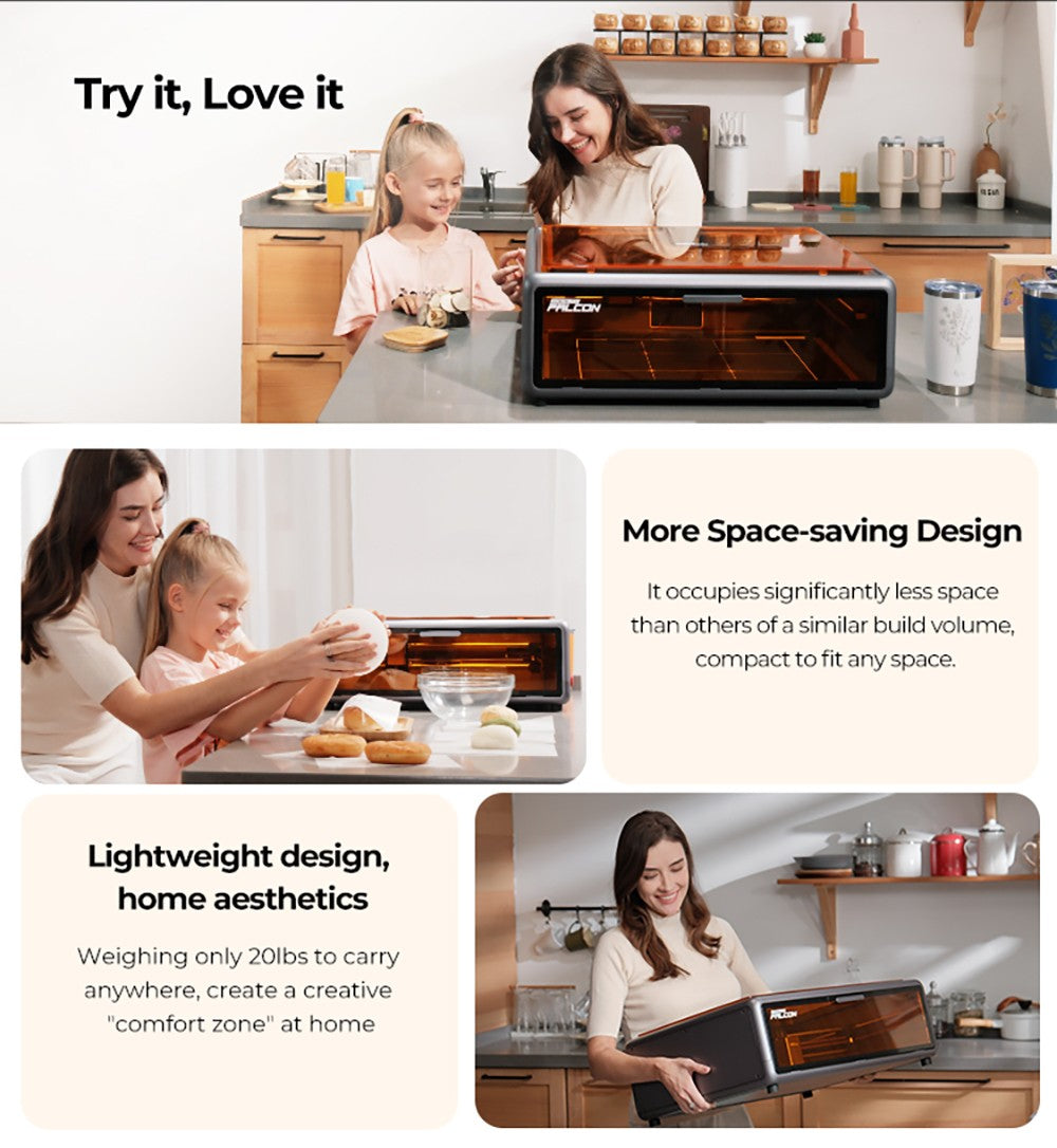 Laser Creality Falcon A1 10W FDA třídy 1, rychlé gravírování 600 mm/s, vestavěná kamera, inteligentní detekce materiálu, ochranný kryt očí, stlačené bodové vysávání 0,06 - 0,08 mm, odsávací ventilátor, 305*381 mm